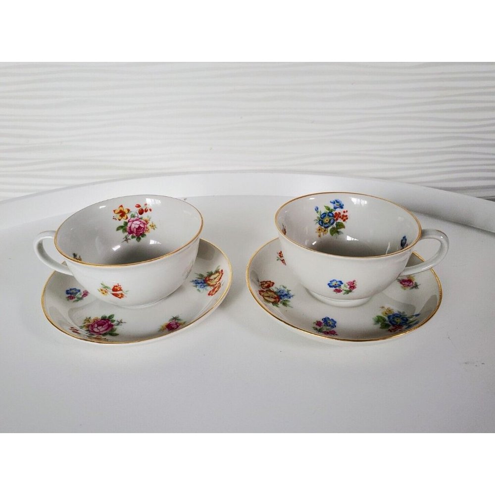 Vtg Johann Haviland Floral Demitasse Cups & Saucers 2 Porcelain Bavaria Germany